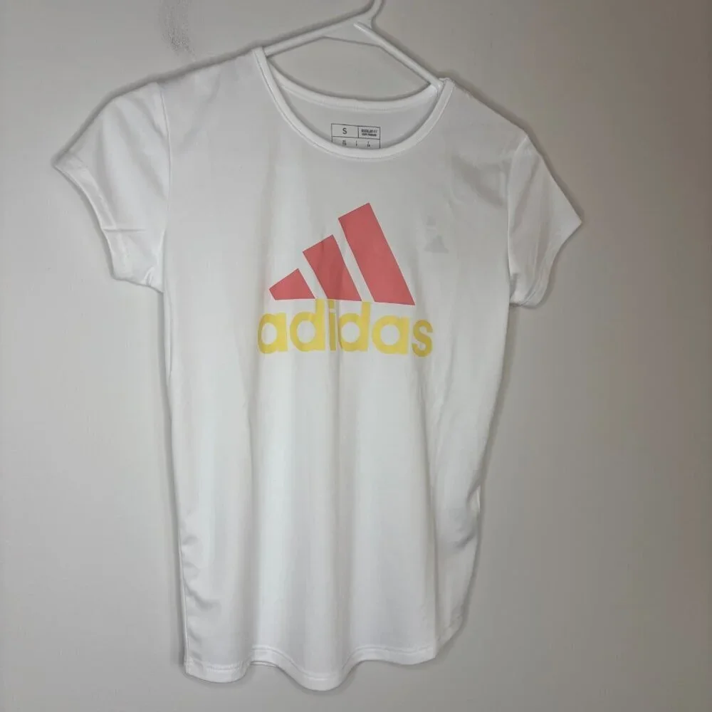 ADIDAS NEW Short Sleeve Tee Girls S(7/8) Aeroready Pink Yellow Crew Neck Reg Fit
